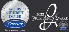 Carrier Factory Authorized Dealer logo and the Carrier 2022 president's award logo